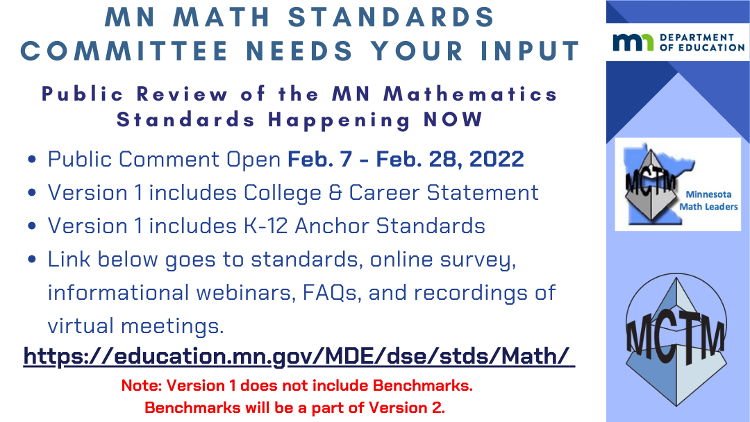 Public Review for Version 1, College and Career Statement and the K-12 Anchor Standards. Click the image to move to the MDE website
